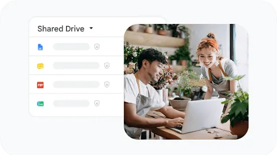 Graphic displaying a Google Shared Drive menu with secure document icons alongside a photo of two florists smiling while working together at a laptop in a plant shop.