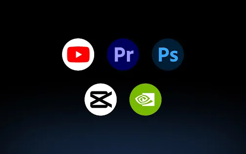 A group of icons for apps including YouTube, Premiere, Photoshop, and Capcut.
