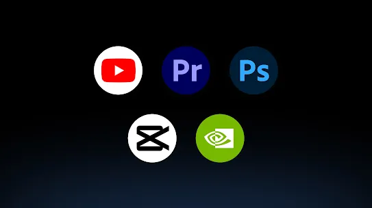 A group of icons for apps including YouTube, Premiere, Photoshop, and Capcut.