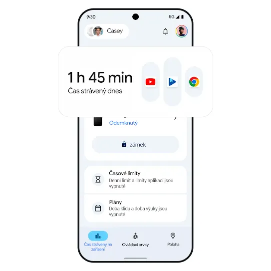 Obrázek telefonu s výsledky sledování času stráveného na zařízení. 