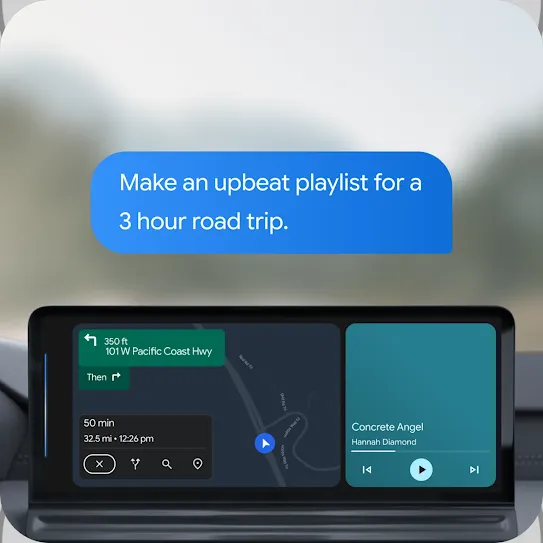 A car's screen with a voice command bubble above it that reads, "Make an upbeat playlist for a 3 hour road trip." Below, the screen displays a split view with GPS navigation on the left and a music player on the right, which is playing the song "Concrete Angel" by Hannah Diamond.