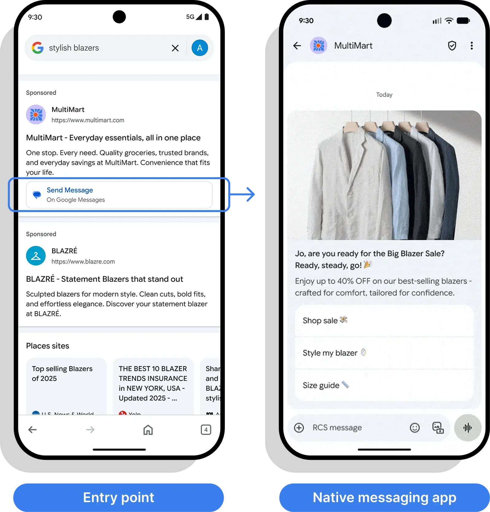 A Google Search ad leading to a native RCS messaging chat for a retail sale.