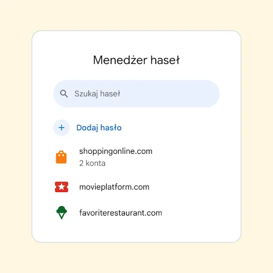 Interfejs Menedżera haseł z polem „Szukaj haseł” nad linkiem „Dodaj hasło”.