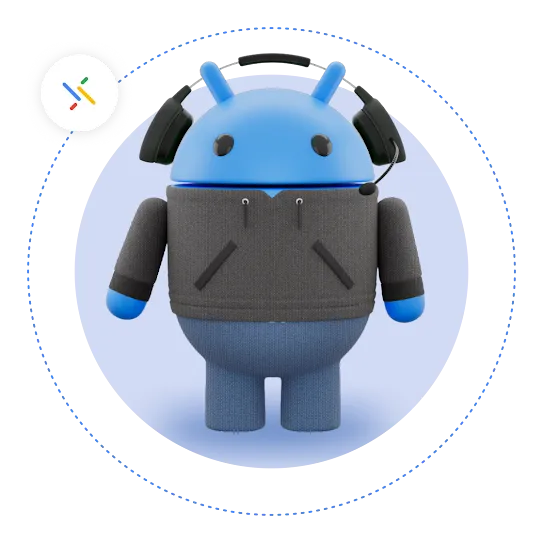 A blue Android robot wearing headphones, with a gray shirt, and a Pairing icon circling it on a dotted line.