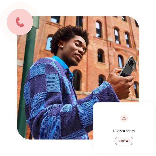 A person looking at their smartphone, with graphic overlays showing a phone call icon and a warning pop-up that reads "Likely a scam" with an "End Call" button.