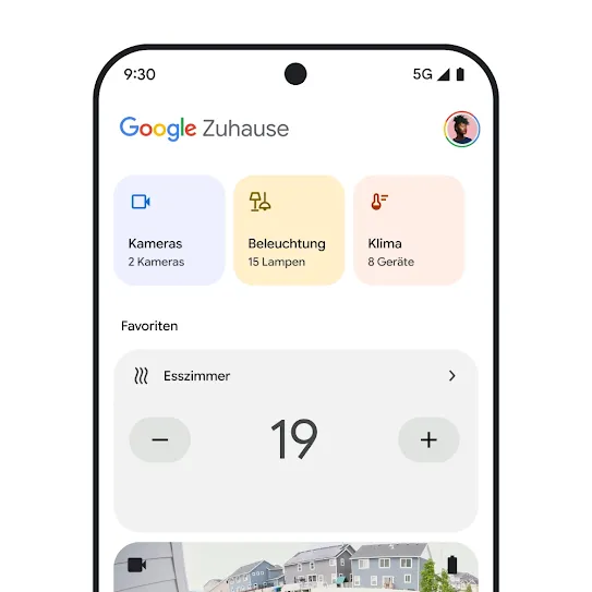 Bild eines Smartphone-Displays mit der Google Home App. Es wird ein Dashboard mit Informationen zu Sicherheitskameras, Beleuchtung und Raumklima angezeigt. 