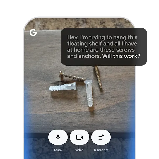 Sharing a camera view with Search Live on an Android phone to ask for help installing a floating shelf.