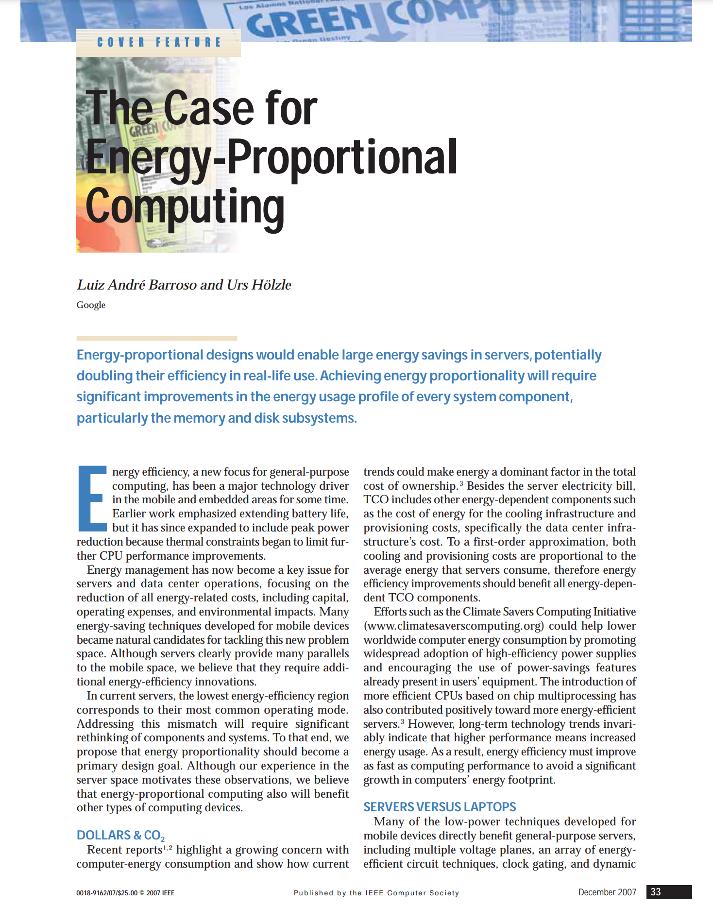 Cover image of a white paper titled: The Case for Energy-Proportional Computing