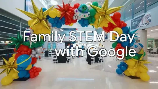  balloon arch featuring a label that says Family STEM Day with Google