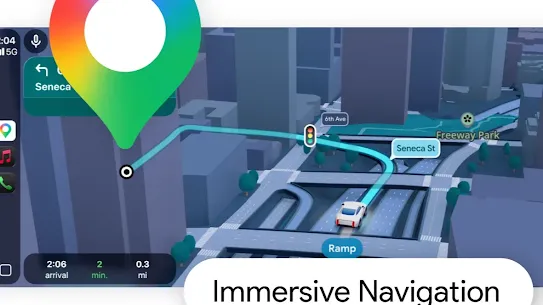 A UI demonstration of "Immersive Navigation" in Google Maps. The image features a 3D digital model of a city including Freeway Park and Seneca St, with a white car following a glowing blue route. A large, colorful gradient location pin floats on the left, and a text box at the bottom reads "Immersive Navigation."