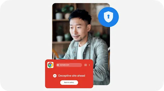 A portrait of a man sitting in a cafe with a blue security shield icon in the upper right. In the foreground, a prominent red Google Chrome interface card displays a "Deceptive site ahead" security alert for example.com with a "Back to safety" button.