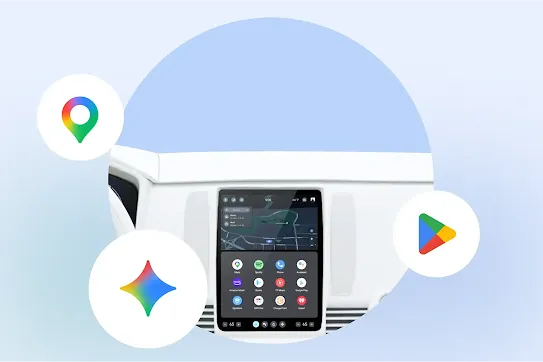 A car dashboard with a car display is inside a large circle with 3 small rounded Google app icons surrounding it.