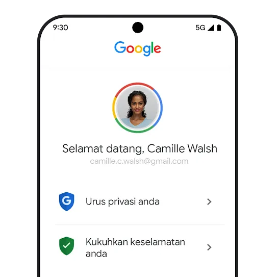 Menu mudah alih Google Account menunjukkan syor privasi dan keselamatan