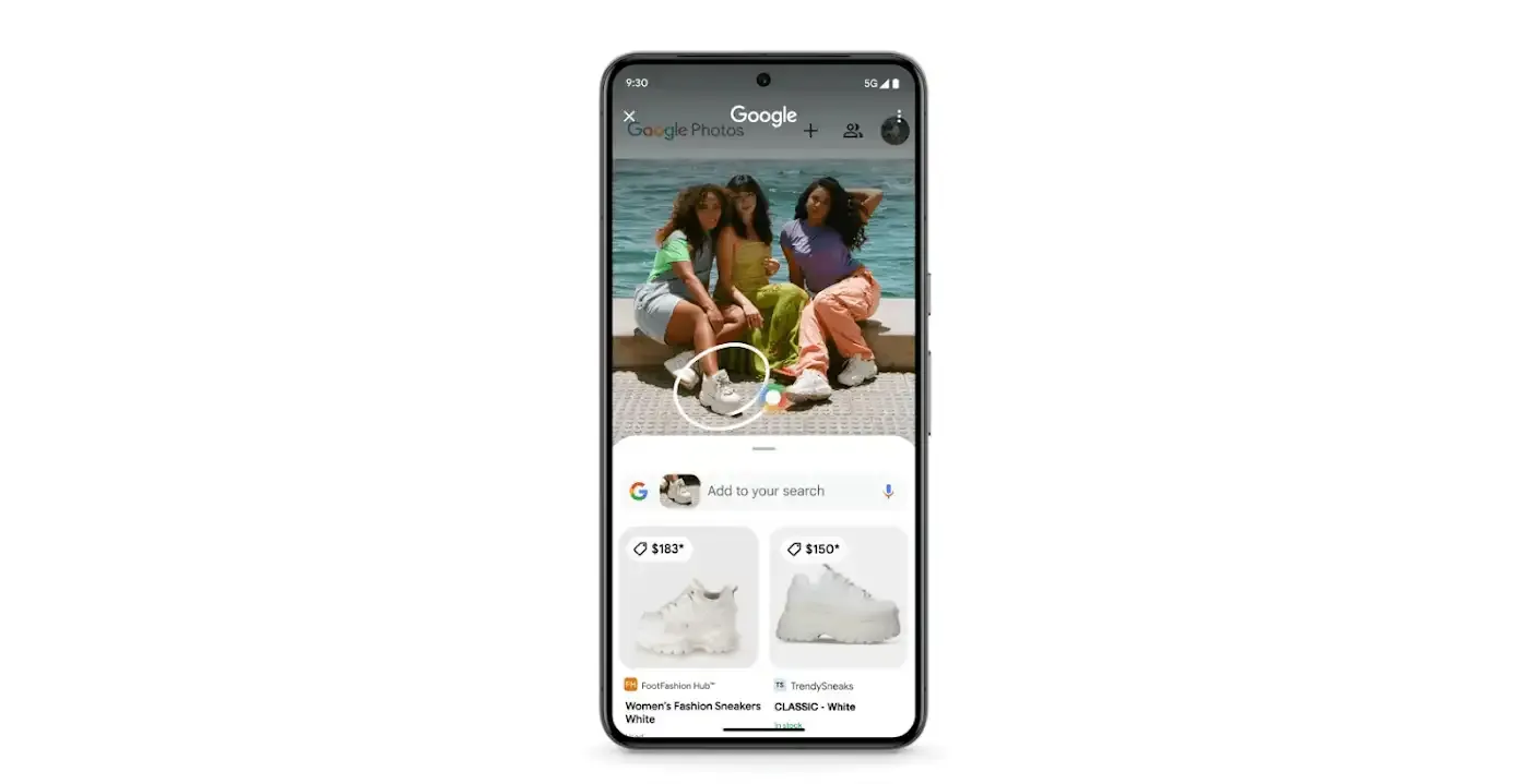 A women's classic fashion sneaker. A white women's fashion sneaker with a classic design. The text $183* and $150* is displayed, possibly representing a discounted price. In stock notification and information about compatible devices is displayed.