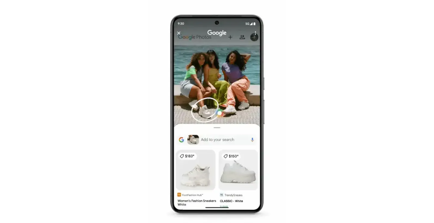 A women's classic fashion trainer. A white women's fashion trainer with a classic design. The text $183* and $150* is displayed, possibly representing a discounted price. In-stock notification and information about compatible devices is displayed.