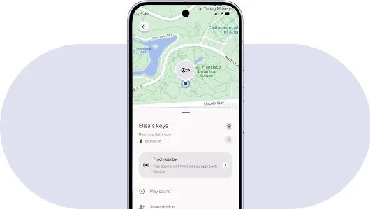 A phone screen shows a pin pulsating behind a key icon on a map. A sound bar line moves to indicate sound is playing