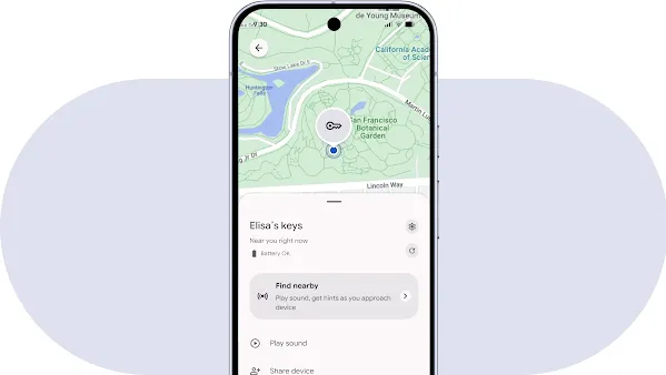 A phone screen shows a pin pulsating behind a key icon on a map. A sound bar line moves to indicate sound is playing