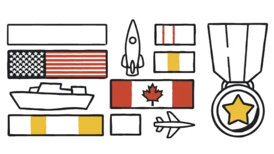 American and Canadian flags with ships, planes, and medals iconography