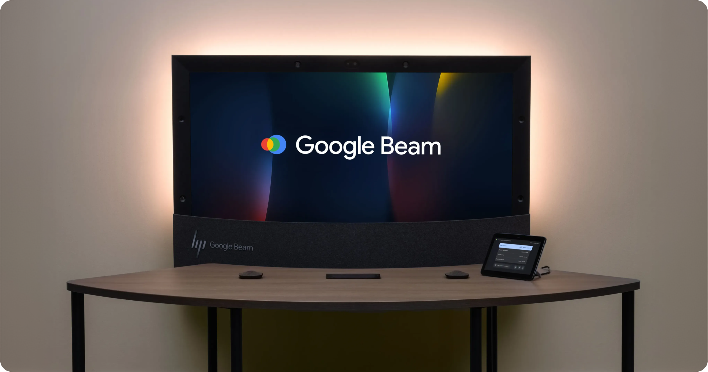 Wide-angle view of a Google Beam setup, highlighting the HP Dimension logo and ambient back-panel lighting.