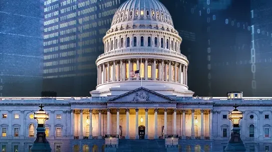 A digital conceptual illustration of the United States Capitol Building at dusk. The scene is overlaid with glowing blue and white binary code, data streams, and circuit-like patterns, symbolizing the aggressive implementation and regulation of artificial intelligence within the federal government.