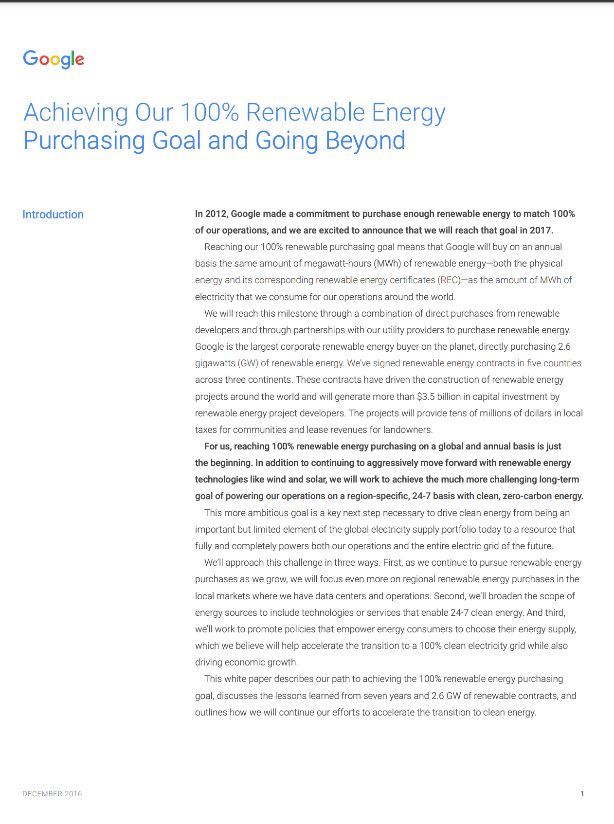 Cover image of a white paper titled: Achieving Our 100% Renewable Energy Purchasing Goal and Going Beyond