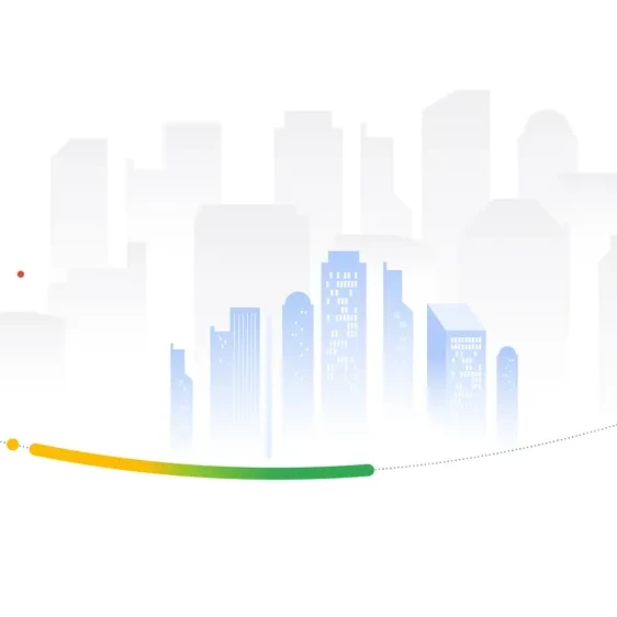 an illustration featuring dots and lines and the outline of a city