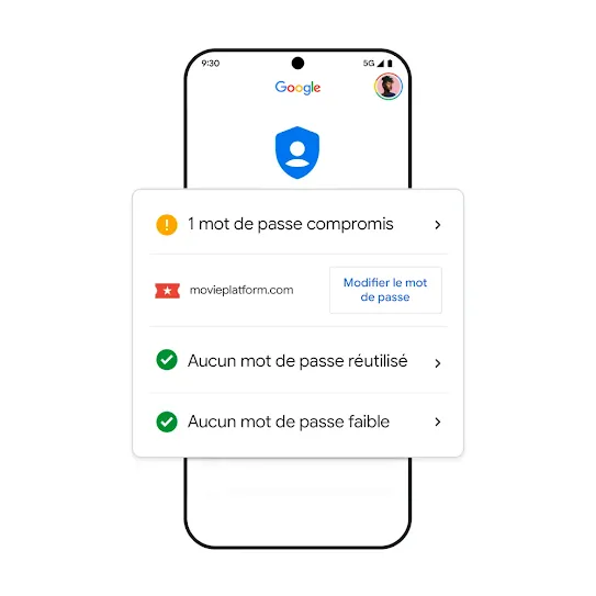 Image d'un téléphone Google affichant les résultats de mots de passe compromis.