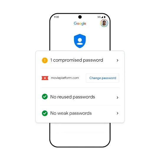 Google phone image with compromised password results.