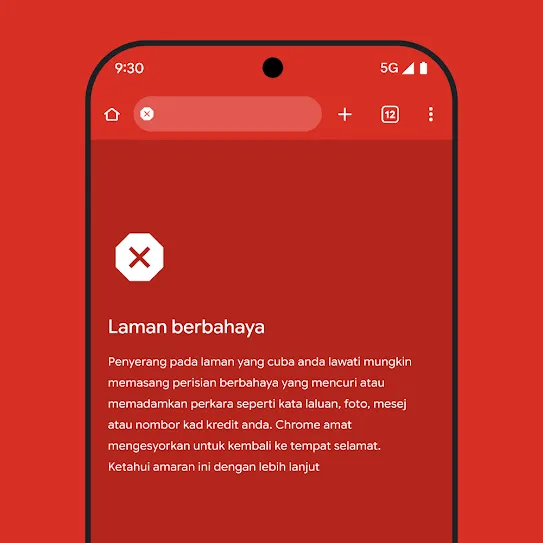 Visual skrin telefon pintar yang menggunakan penyemak imbas Chrome, menunjukkan amaran tentang laman berbahaya, termasuk langkah seterusnya yang disyorkan dan pautan untuk mengetahui amaran ini dengan lebih lanjut. 