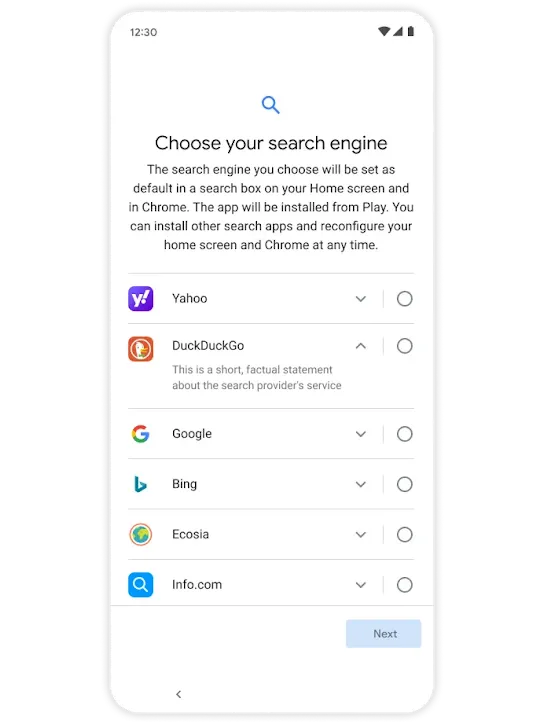 Phone settings screen with a list of search engines to select as your default search.