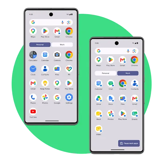 Two smartphones side-by-side demonstrating the Android Work Profile feature. The left screen shows a "Personal" tab with standard app icons, while the right screen shows a "Work" tab where app icons feature blue briefcase badges and a "Pause work apps" button is visible at the bottom.