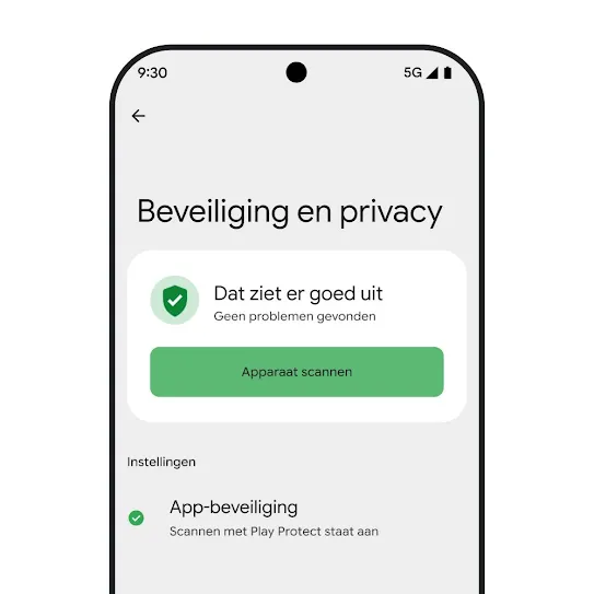 Visuele weergave van een smartphonescherm met Android OS en de Veiligheids- en privacyinstellingen geopend. Hierop staan de resultaten van een apparaatscan en de beveiligingsinstellingen voor apps.
