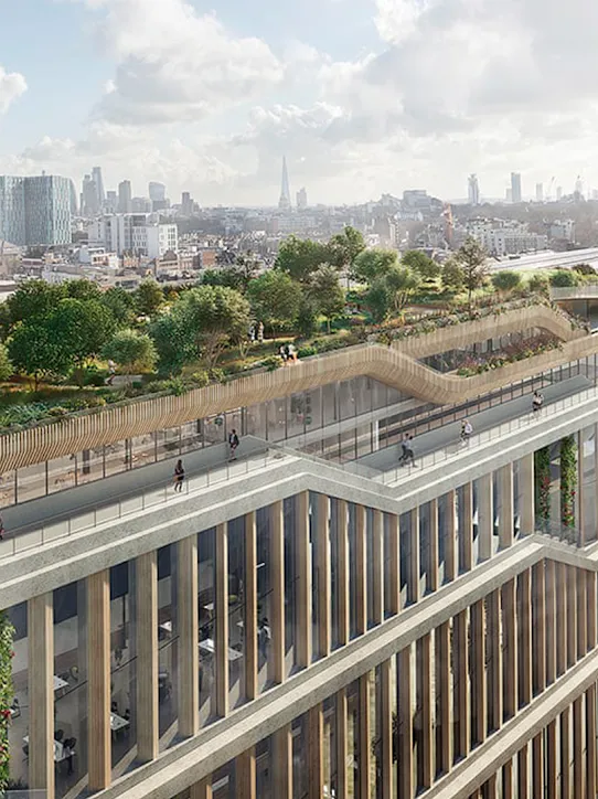 A computer generated image showing the roof of Google’s new building on King’s Boulevard, workers are pictured on the terrace and the roof itself is lined with trees and plants.