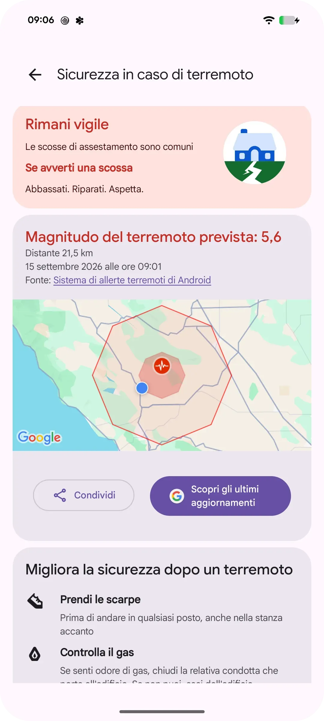Immagine dell'UI di uno smartphone che mostra informazioni di sicurezza in caso di emergenza dopo un terremoto. Ad esempio, prendi le scarpe, controlla il gas ed evita gli edifici danneggiati 