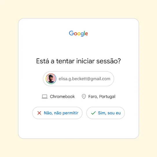Interface da validação em dois passos a perguntar "Está a tentar iniciar sessão?" com botões para "Não, não permitir" e "Sim, sou eu".
