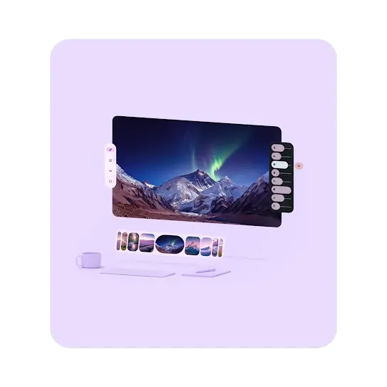 An XR Headset screen projected over a stylized environment suggesting a desk. There is a keyboard, a coffee mug, a pad of paper, and a pen on the desk surface. On the screen there is a full-screen photo of a mountainous landscape with the aurora borealis in the sky. There are generic interface buttons on the left and right of the screen. There is swipe bar of other images across the bottom of the screen.