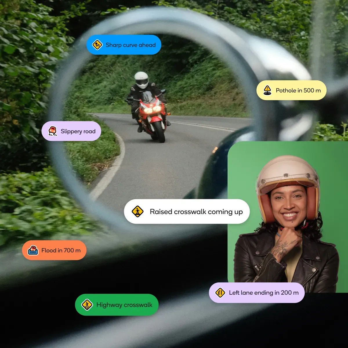 Motorcyclist riding on a winding road with Waze rider hazards overlay tags and smiling rider portrait
