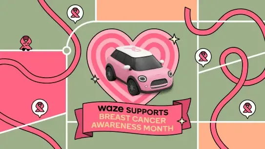 Waze car with pink cancer ribbons and Waze supports Breast Cancer Awareness Month