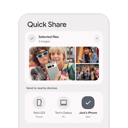 Selecting multiple images in Quick Share on an Android phone and sending them to a nearby iPhone via AirDrop.