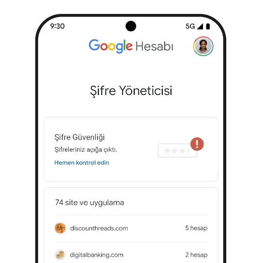 Şifre Güvenliği kullanıcı arayüzünün gösterildiği telefon resmi