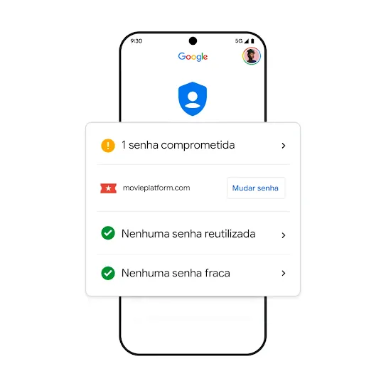 Imagem de um smartphone do Google com resultados de senhas comprometidas.