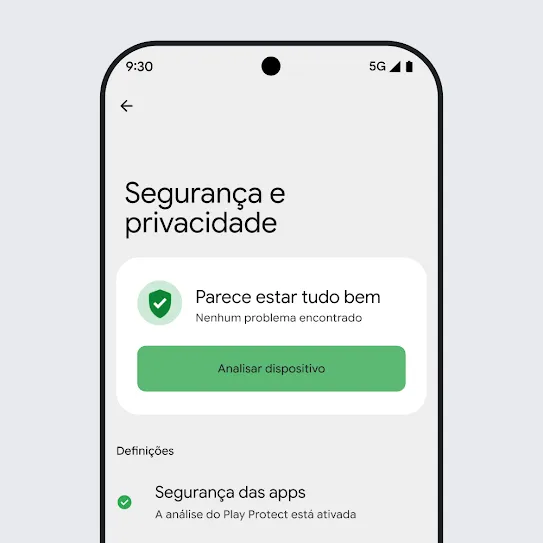 Imagem do ecrã de um smartphone com o SO Android com as Definições de privacidade e segurança abertas, a apresentar os resultados de uma análise ao dispositivo e as definições de segurança da app.