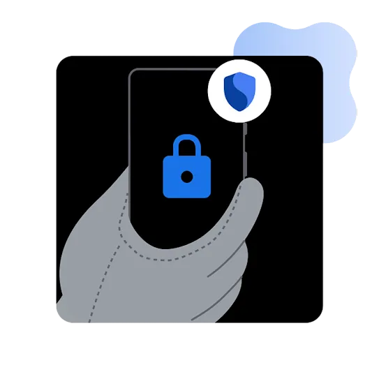 An illustration of a hand holding a phone with a blue lock icon and shield on a black background.