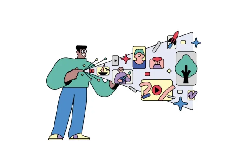 An illustration of a man projecting a funnel of digital content from his hand, including icons for video, music, and nature, symbolizing the creative output of AI.