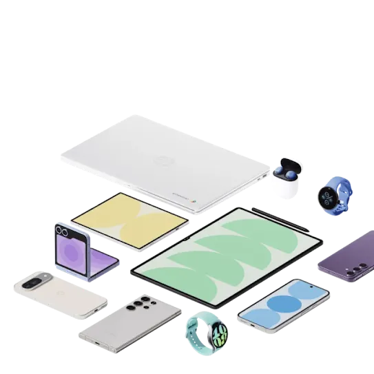 Multiple Android devices including a flip phone, phone, laptop and tablet slide into view.