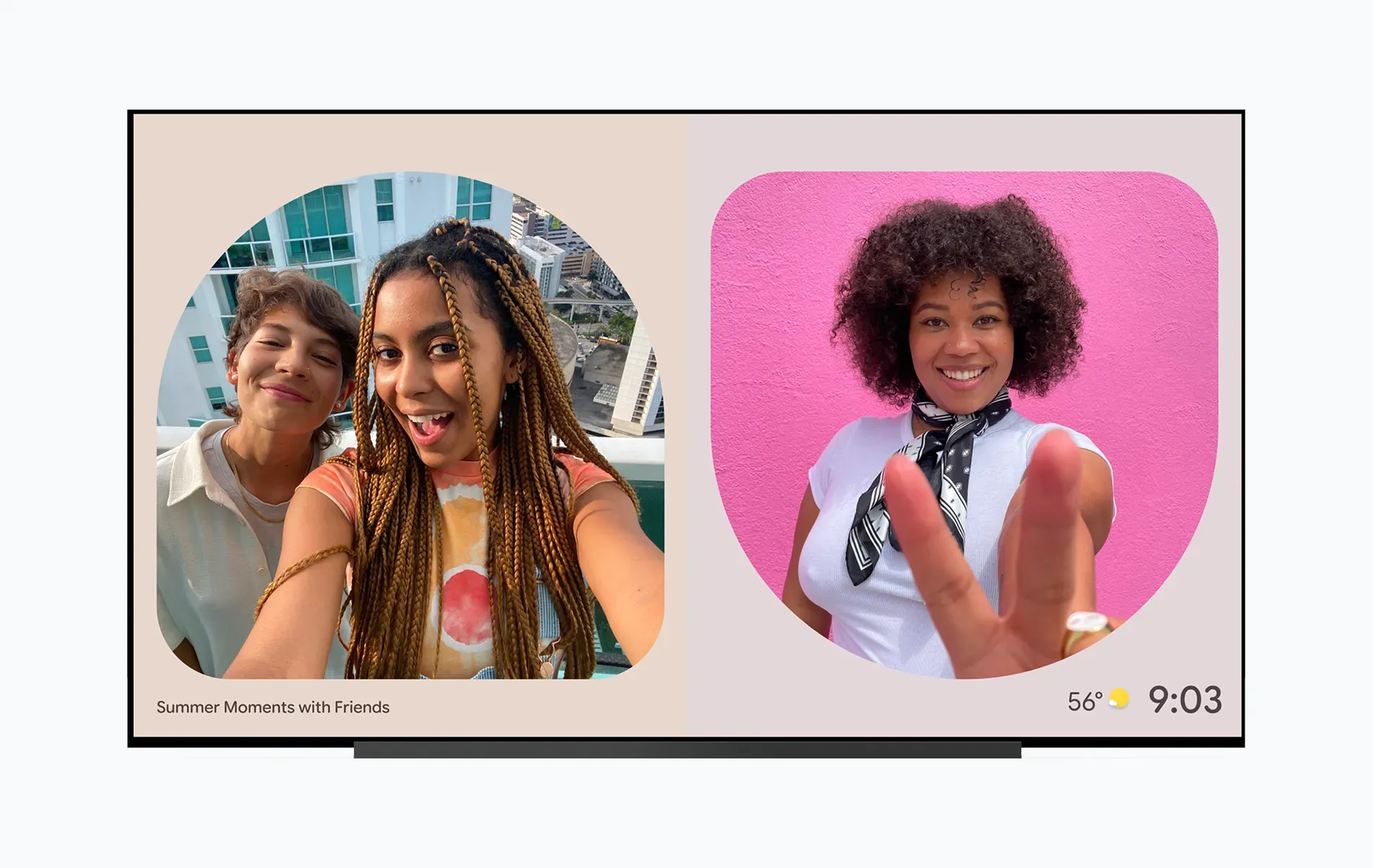 TV displaying two images from a Google Photos library with the title “Summer Moments with Friends”