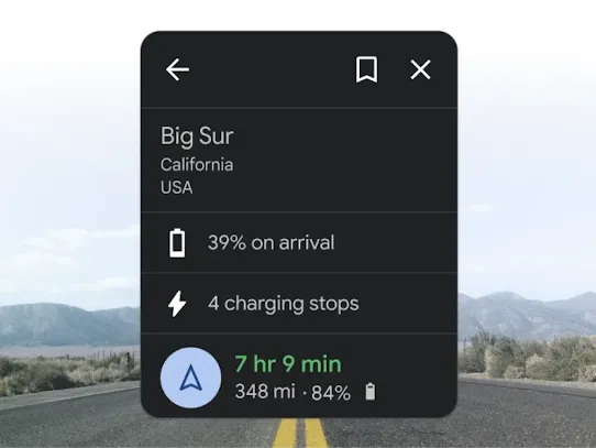 A Google Maps screen shows directions to Big Sur. Behind it is a highway with a mountain range in the background.