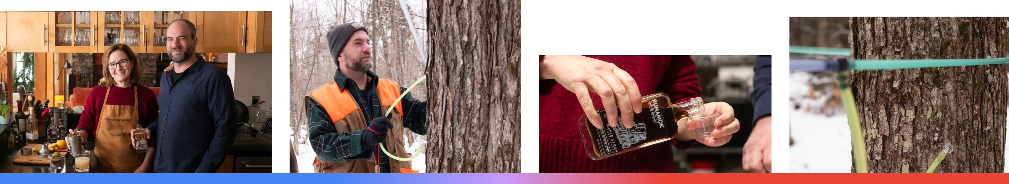A composite of four images featuring Runamok in Fairfax, Vermont, showing the co-founders in their kitchen, the traditional process of tapping maple trees in the winter, a close-up of their premium barrel-aged syrup, and the network of sap collection lines that help them scale their production of high-quality, organic maple products.