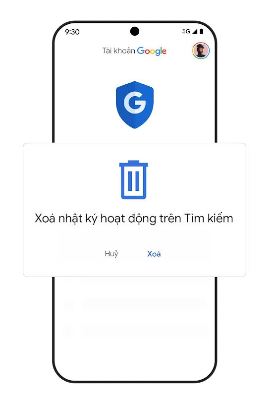 Hình ảnh minh hoạ một chiếc điện thoại có giao diện người dùng về lựa chọn xoá Hoạt động tìm kiếm. 