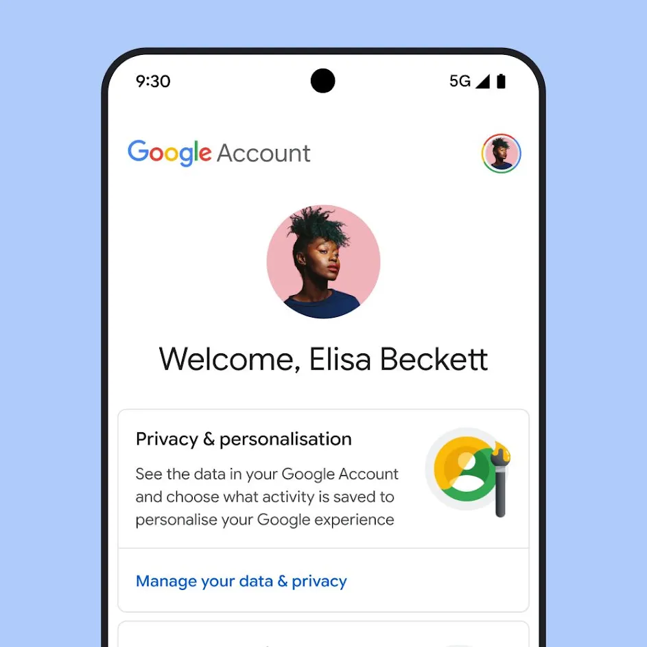 Image of Google My Account UI, including messaging about privacy and personalisation, and a link to manage your data and privacy.